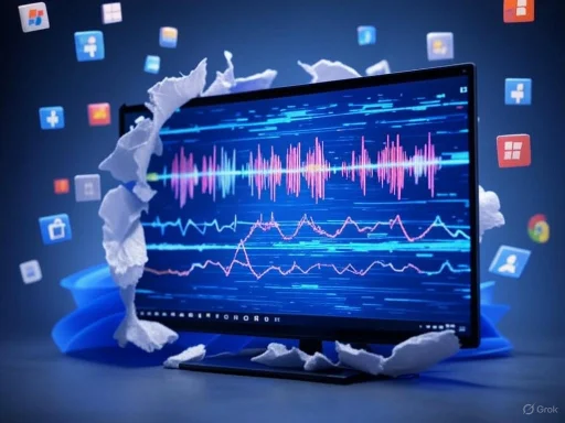 A computer monitor explodes through torn paper, displaying colorful sound wave patterns, surrounded by floating app icons.