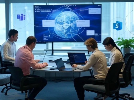 Team of five professionals working on laptops in a modern conference room with digital globe and communication app icons on the window.