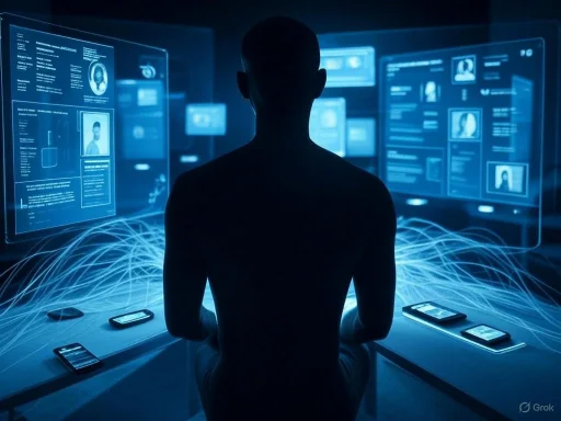A person monitors multiple digital screens displaying biometric data and personal profiles in a futuristic, high-tech setting.