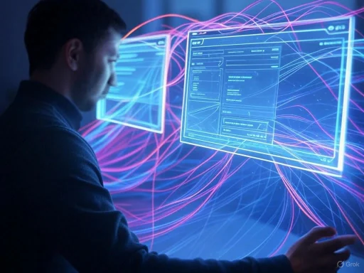 A person interacts with a futuristic holographic computer interface surrounded by colorful digital data streams. A person interacts with a futuristic holographic computer interface surrounded by colorful digital data streams.