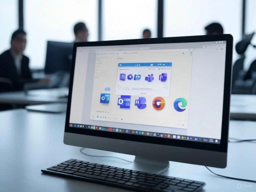 A computer screen displaying Microsoft apps, with a blurred business meeting in the background.