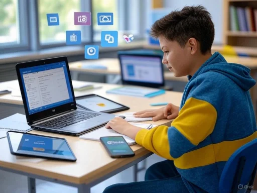 A boy studying at a desk with multiple electronic devices in a bright classroom environment.