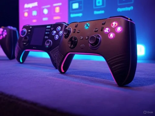 Two gaming controllers with neon lighting effects on a table, illuminated by colorful background screens. Two gaming controllers with neon lighting effects on a table, illuminated by colorful background screens.