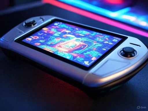 A handheld gaming console displaying a colorful game screen with vibrant lights in the background. A handheld gaming console displaying a colorful game screen with vibrant lights in the background.