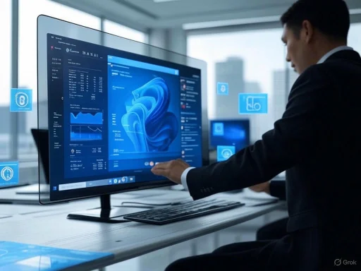 A businessman interacts with a large touchscreen monitor displaying data and financial analytics in a modern office. A businessman interacts with a large touchscreen monitor displaying data and financial analytics in a modern office.