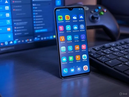 A smartphone displaying multiple app icons, placed on a desk next to a keyboard, with a monitor in the background.