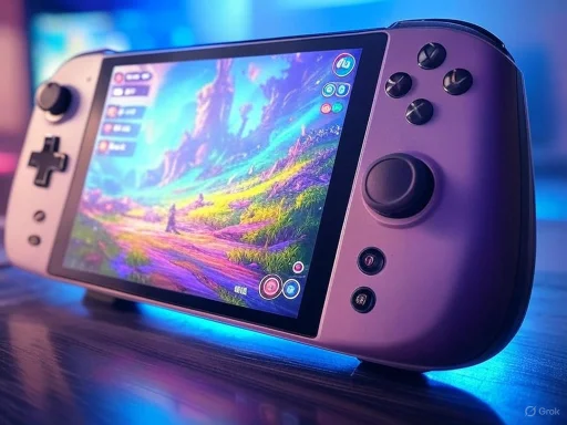 A handheld gaming console displaying a vibrant landscape game screen with a purple glow underneath.