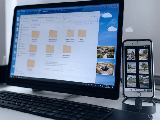 Computer screen displays a file explorer with folders, alongside a smartphone showing a photo gallery.