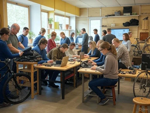 People working and assembling gadgets in a workshop with bicycles and tools, illuminated by natural light. People working and assembling gadgets in a workshop with bicycles and tools, illuminated by natural light.