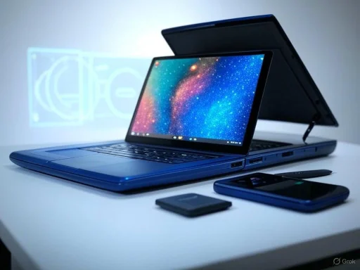 A blue foldable laptop with a colorful starry display, accompanied by a wireless mouse, an external hard drive, and a smartphone on a white desk. A blue foldable laptop with a colorful starry display, accompanied by a wireless mouse, an external hard drive, and a smartphone on a white desk.