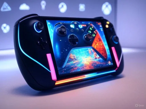 A gaming console with neon lights and a digital screen displaying a vibrant game scene.