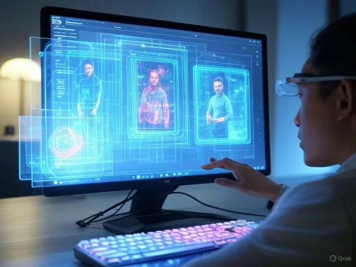A person interacts with a holographic display of digital personas on a computer screen.