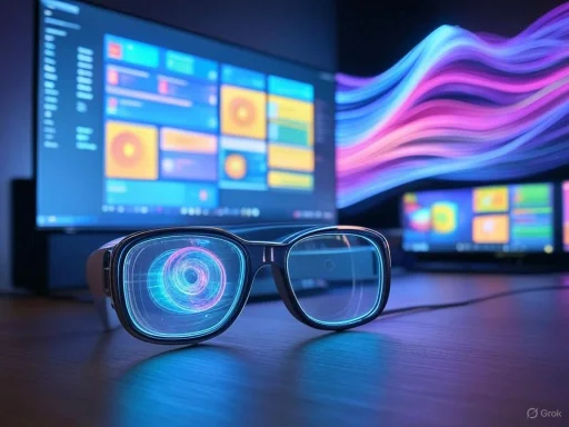 A pair of smart glasses with digital interfaces are placed in front of colorful digital screens and a wave-themed graphic.