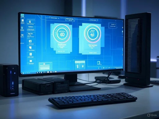A high-tech computer setup with a large monitor displaying complex digital graphics, flanked by a tower and external drives.