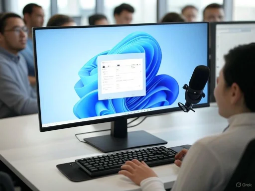 A person presenting on a computer monitor during a meeting or conference with an audience in the background.