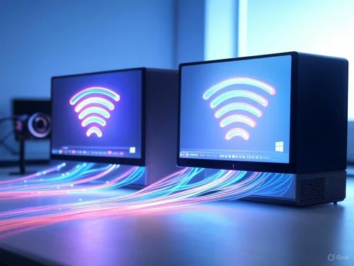 Two computer monitors display a neon Wi-Fi symbol with colorful light trails against a blue background.