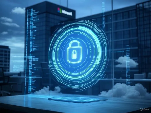 A digital security lock icon floating over a modern office cityscape with a holographic interface. A digital security lock icon floating over a modern office cityscape with a holographic interface.