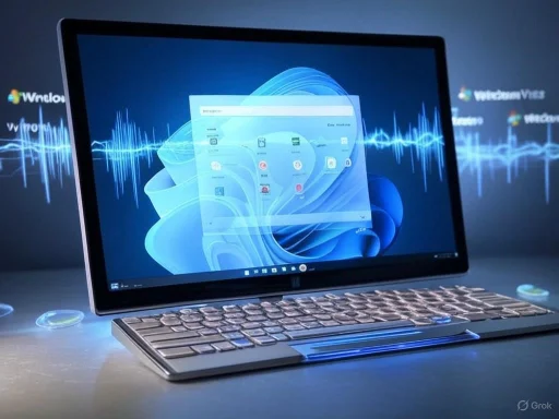 A sleek laptop displaying a colorful interface with soundwave patterns and app icons, set against a dark background. A sleek laptop displaying a colorful interface with soundwave patterns and app icons, set against a dark background.