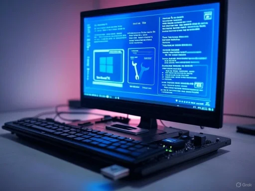 A computer setup displaying a blue-screen error with a keyboard and graphics card on a desk.