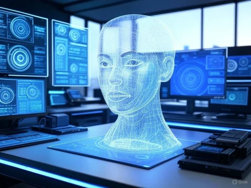 A digital hologram of a human head features in a futuristic control room with multiple computer screens.