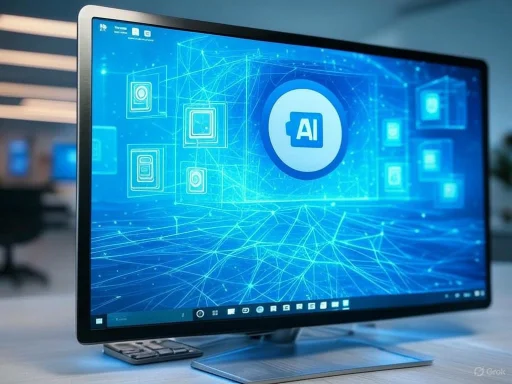 A computer monitor displays a digital AI interface with interconnected icons and a central AI logo.
