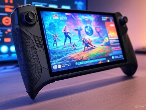 A handheld gaming device displaying a colorful scene from a video game with characters on a vibrant landscape.