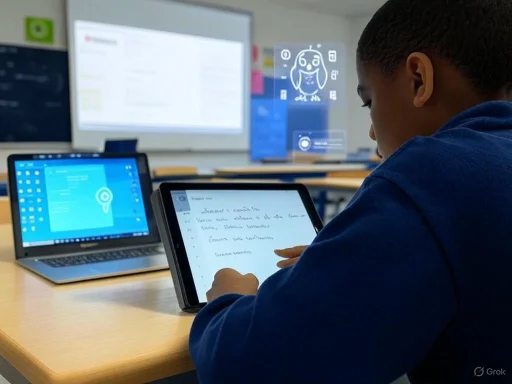 A student uses a tablet in a classroom with laptops and a digital smartboard displaying an animation of a dog.