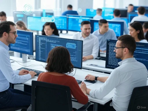 Team of programmers collaborating in a modern office with multiple computer monitors displaying code.
