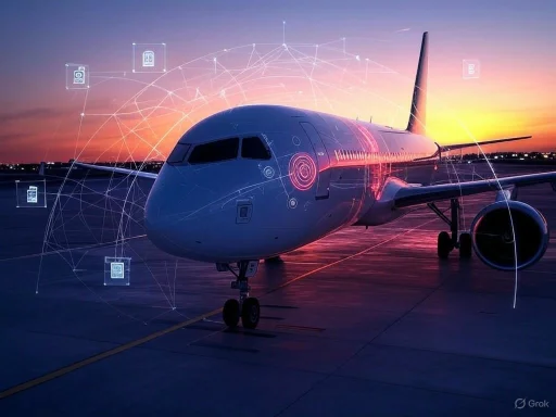 An airplane parked on the runway at sunset with digital icons and lines overlayed, suggesting advanced technology or connectivity.