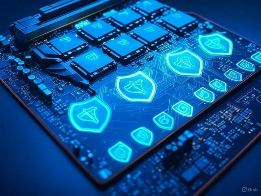 A computer motherboard with overlaid digital security shields, symbolizing cybersecurity protection.