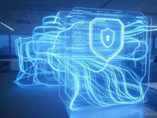 A digital hologram of a secure cyber network with a shield and lock icon, representing cybersecurity protection.