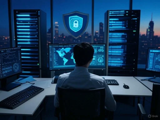A cybersecurity analyst monitors multiple screens in a high-tech office at dusk, analyzing global and security data.