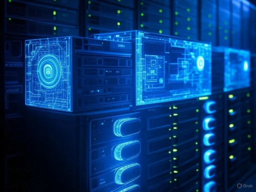 Futuristic digital hologram of a server or data center with glowing blue circuit overlays.