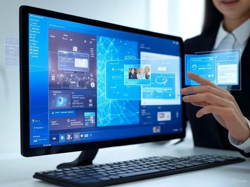 Person interacting with a futuristic, holographic digital interface on a desktop computer. Person interacting with a futuristic, holographic digital interface on a desktop computer.
