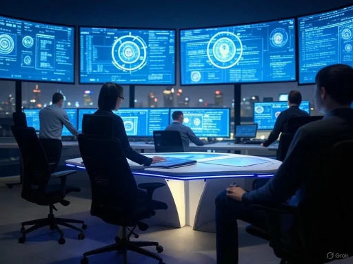 A high-tech control room with professionals monitoring multiple large screens displaying complex data and graphics.