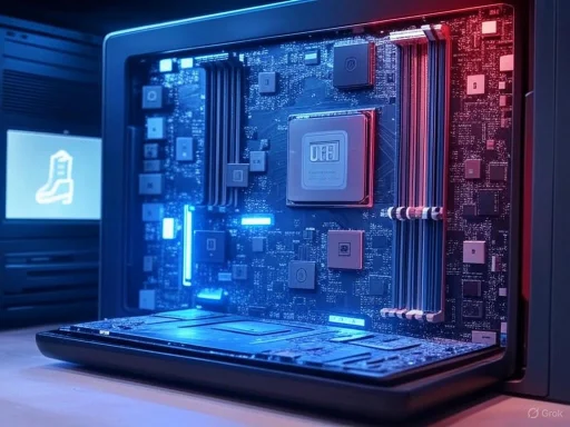 A close-up of a computer motherboard inside a sleek electronic device with colorful LED lighting effects.