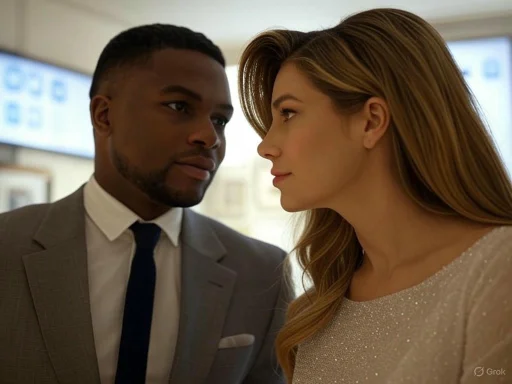 A man and woman face each other closely indoors, seemingly engaged in an intense or intimate moment.