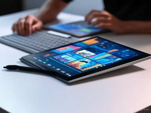 A tablet displaying a colorful digital painting or photo collage on a white desk with a stylus nearby; a person is using a stylus and a tablet in the background.