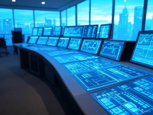 A high-tech control room with multiple screens displaying financial data and analytics. A high-tech control room with multiple screens displaying financial data and analytics.