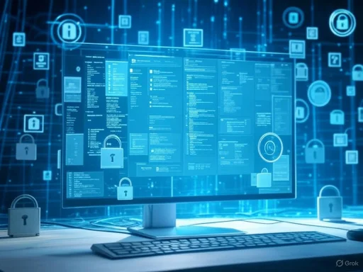 A computer monitor displays encrypted data, surrounded by digital security icons like locks and shields.