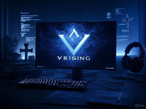 A gaming setup with a monitor displaying the 'VRISING' game logo, illuminated by blue lighting, with headphones and books nearby.