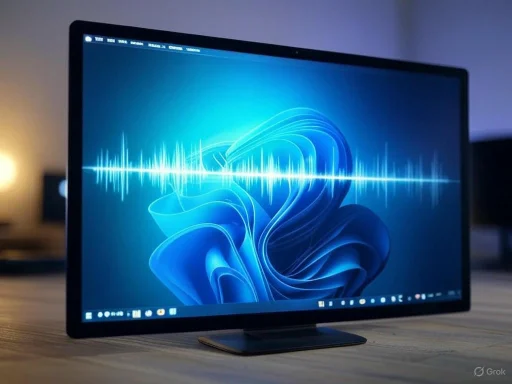 A flat-screen monitor displaying a vibrant, abstract blue wave art with a waveform overlaid, on a wooden desk.