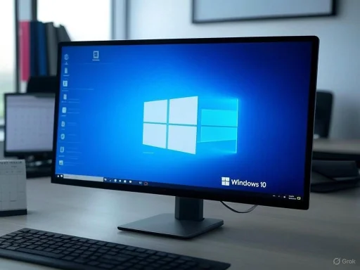 A computer monitor displaying the Windows 10 desktop in an office setting. A computer monitor displaying the Windows 10 desktop in an office setting.
