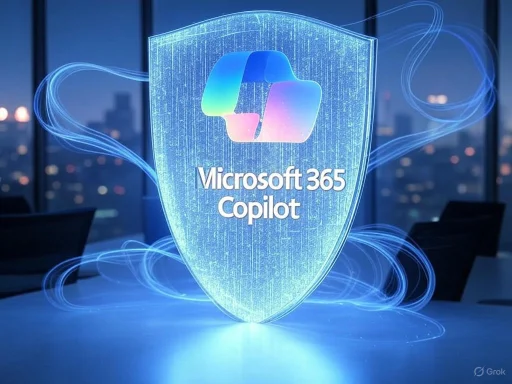A digital shield displays the Microsoft 365 Copilot logo, symbolizing cybersecurity and innovation.