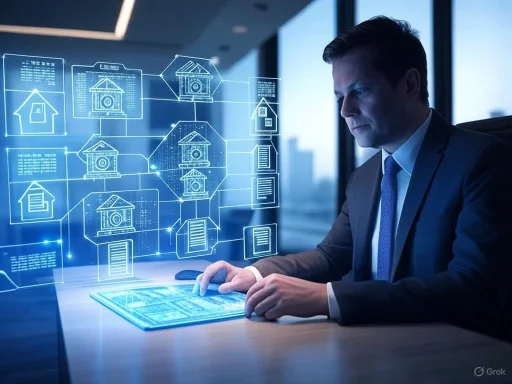 A businessman analyzes architectural blueprints on a tablet with a futuristic holographic house design display.