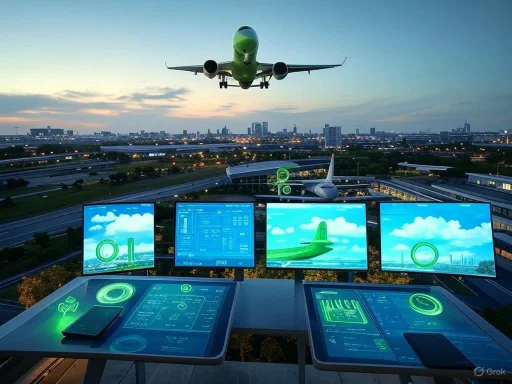 Aviation control tower with multiple monitors, showing a commercial airplane approaching an airport at sunset.