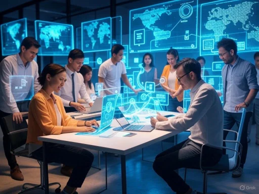 A team of professionals engaged in a high-tech meeting with holographic digital displays and maps showing global data.