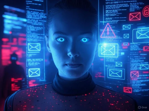 A futuristic female AI with glowing eyes surrounded by digital data and email icons on a high-tech screen.