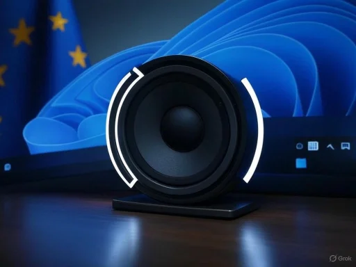 A speaker with volume indicators in front of a Windows desktop with European Union flags in the background. A speaker with volume indicators in front of a Windows desktop with European Union flags in the background.