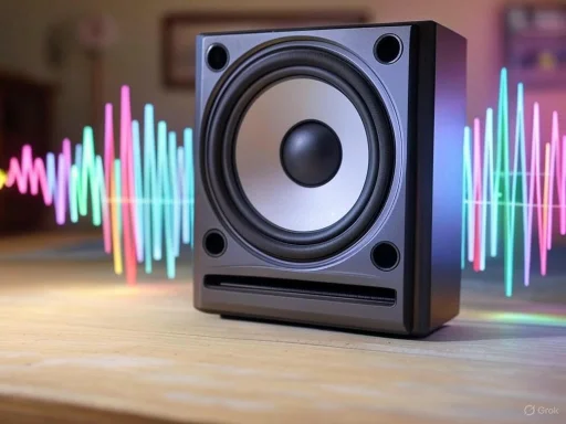 A black speaker on a wooden surface with colorful sound waves in the background. A black speaker on a wooden surface with colorful sound waves in the background.